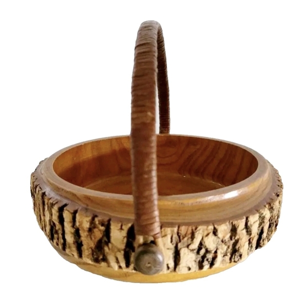 Vintage 10 Inch Rustic Wooden Bowl Basket With Wicker Handle - Picture 4 of 7